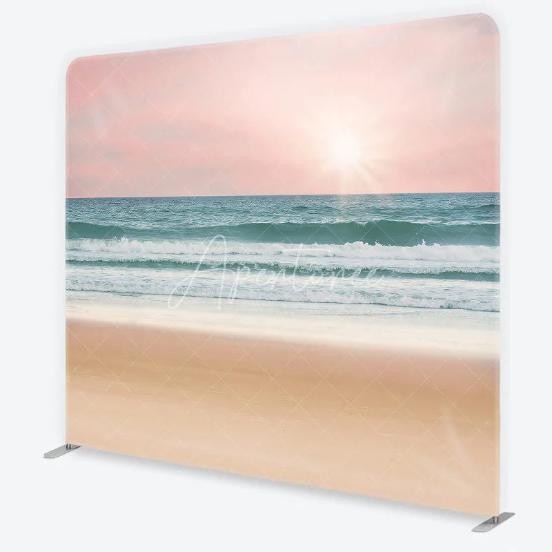 Aperturee - Aperturee Pink Sky Ocean Waves and Sandy Beach Square Double-Sided Backdrop Tranquil Summer Photography Prop