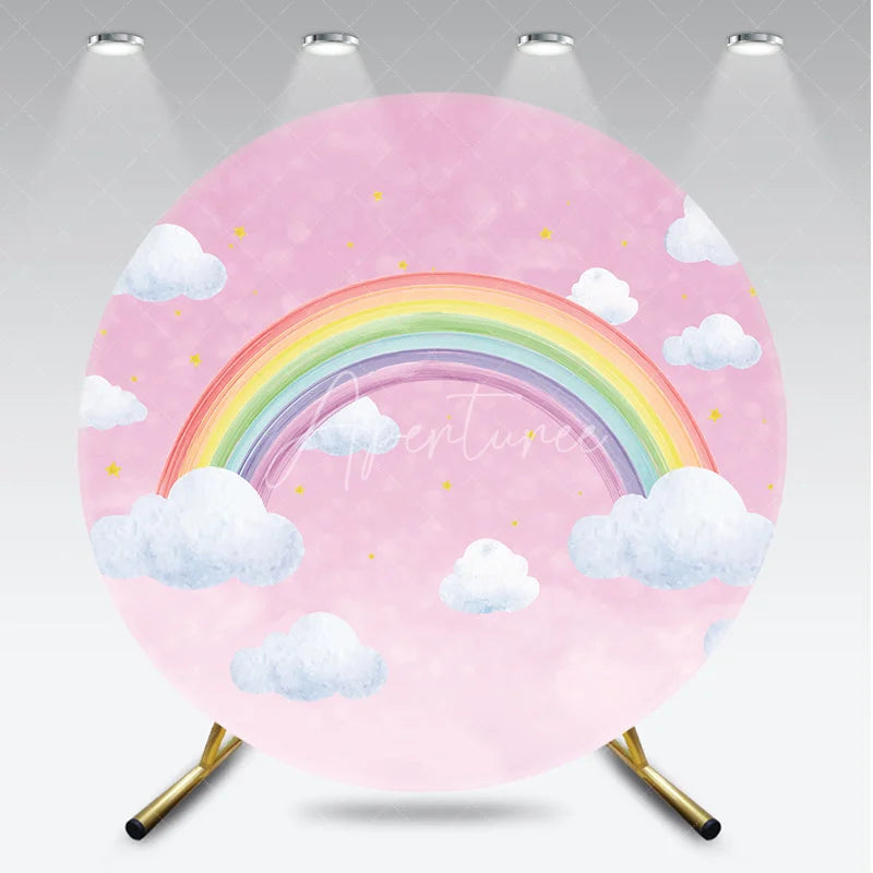 Aperturee - Aperturee Pink Sky Rainbow and Clouds Round Backdrop Dreamy Baby Shower Birthday Party Decor