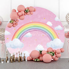 Aperturee - Aperturee Pink Sky Rainbow and Clouds Round Backdrop Dreamy Baby Shower Birthday Party Decor