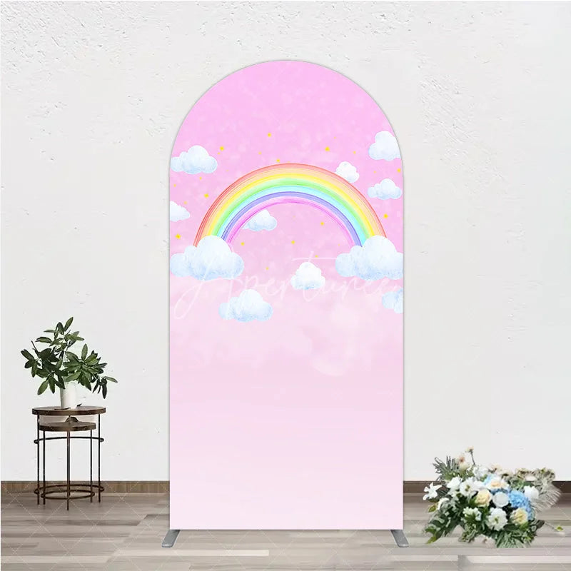 Aperturee - Aperturee Pink Sky Rainbow and Clouds Round Top Arch Backdrop Dreamy Baby Shower Birthday Party Decor