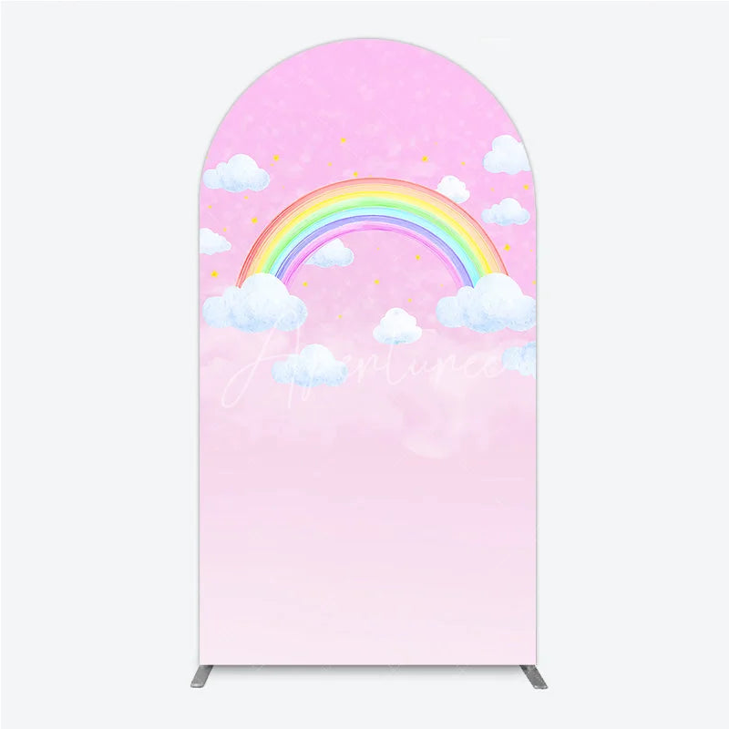 Aperturee - Aperturee Pink Sky Rainbow and Clouds Round Top Arch Backdrop Dreamy Baby Shower Birthday Party Decor