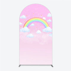 Aperturee - Aperturee Pink Sky Rainbow and Clouds Round Top Arch Backdrop Dreamy Baby Shower Birthday Party Decor