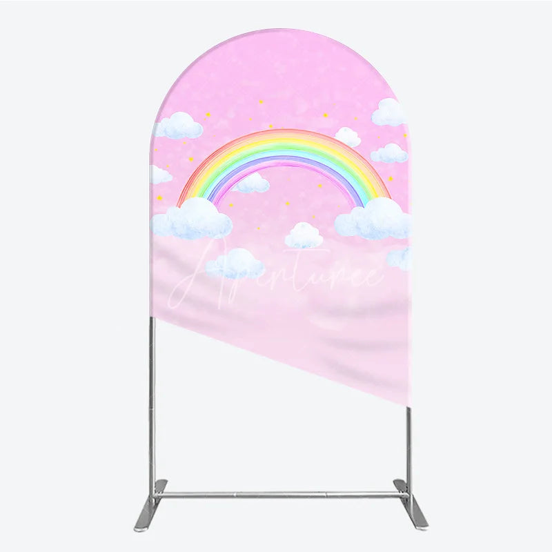 Aperturee - Aperturee Pink Sky Rainbow and Clouds Round Top Arch Backdrop Dreamy Baby Shower Birthday Party Decor