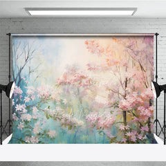 Aperturee - Aperturee Pink Spring Blossom Floral Backdrop Dreamy Forest Flower Tree Oil Painting Background Nature Photography Prop
