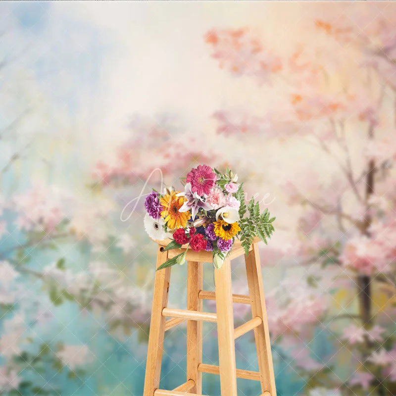 Aperturee - Aperturee Pink Spring Blossom Floral Backdrop Dreamy Forest Flower Tree Oil Painting Background Nature Photography Prop