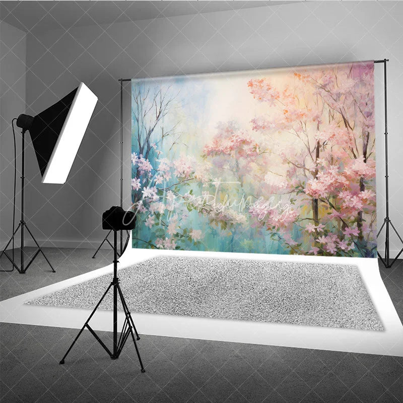 Aperturee - Aperturee Pink Spring Blossom Floral Backdrop Dreamy Forest Flower Tree Oil Painting Background Nature Photography Prop