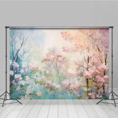 Aperturee - Aperturee Pink Spring Blossom Floral Backdrop Dreamy Forest Flower Tree Oil Painting Background Nature Photography Prop