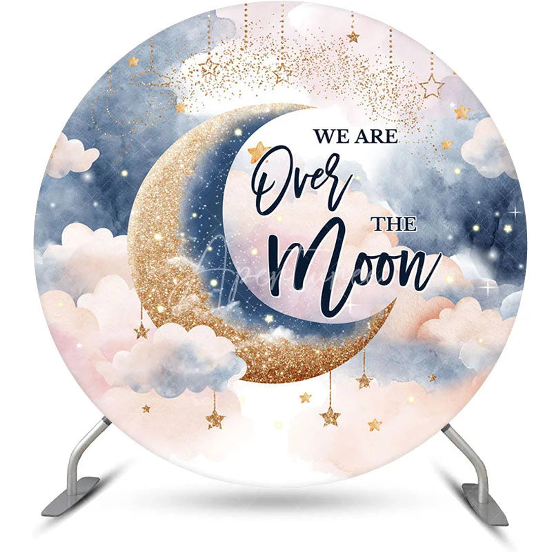 Aperturee - Aperturee Pink Starry Night Moon Round Baby Shower Backdrop