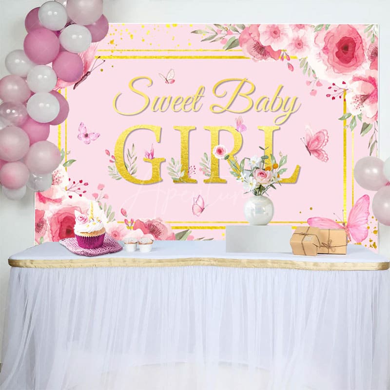 Aperturee - Aperturee Pink Sweet Butterfly Sweet Girl Baby Shower Backdrop