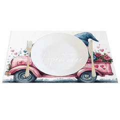 Aperturee - Aperturee Pink Truck Gnome Rose Set of 4 Placemats Love Sign Valentine Decoration Farmhouse Floral Table Mat