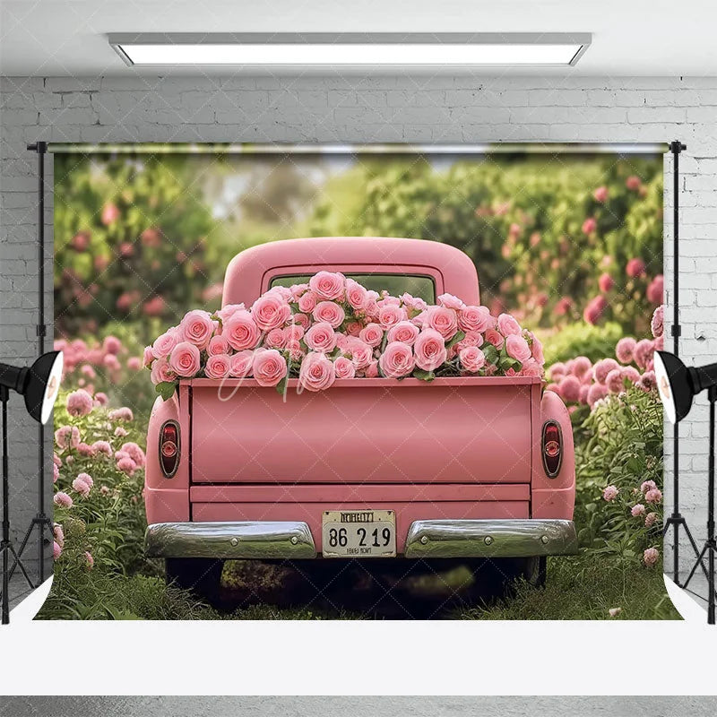 Aperturee - Aperturee Pink Truck Valentine’s Day Combo Set Backdrop Spring Floral Garden Rose Grass Floor Photography Prop