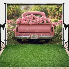 Aperturee - Aperturee Pink Truck Valentine’s Day Combo Set Backdrop Spring Floral Garden Rose Grass Floor Photography Prop