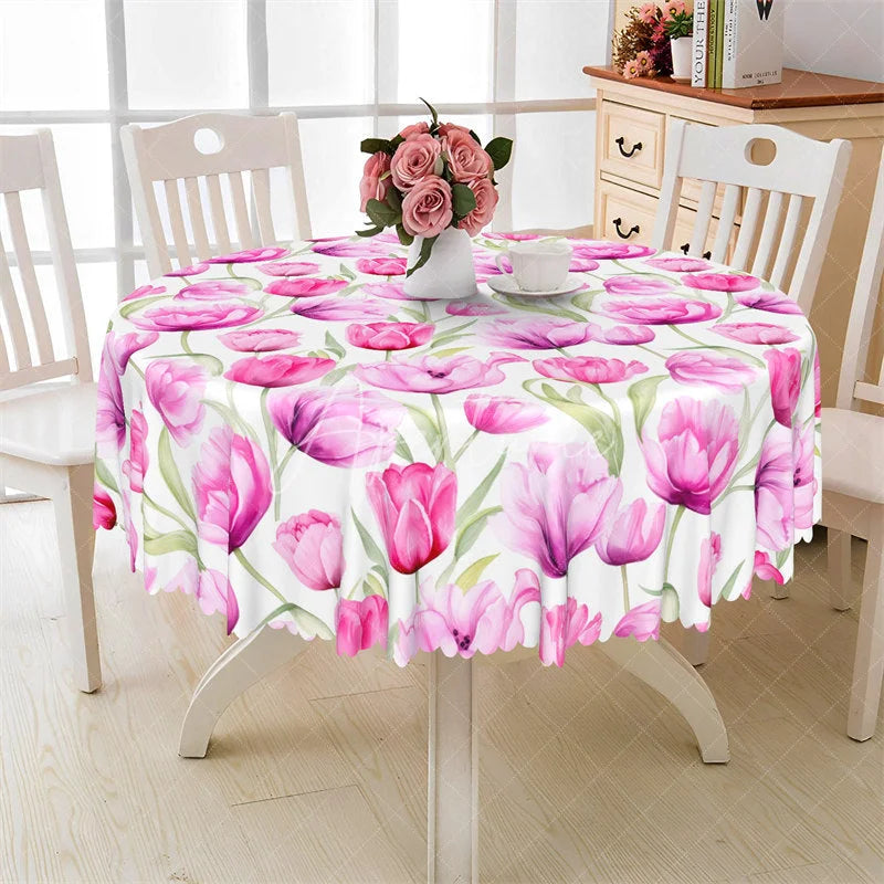Aperturee - Aperturee Pink Tulip Floral Round Tablecloth Watercolor Spring Flower Garden Table Cover for Easter