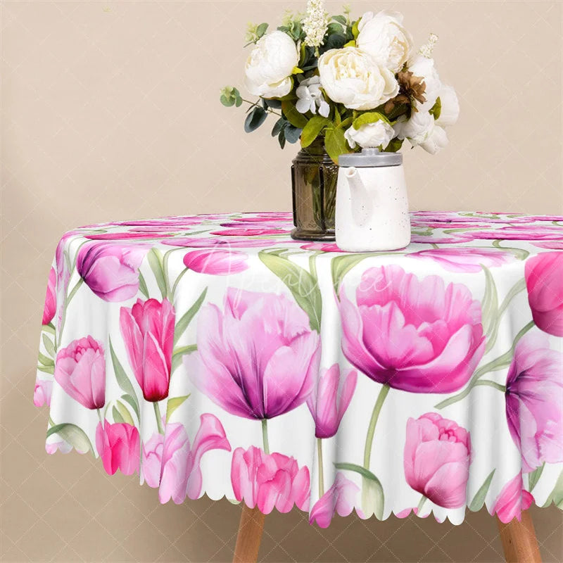 Aperturee - Aperturee Pink Tulip Floral Round Tablecloth Watercolor Spring Flower Garden Table Cover for Easter
