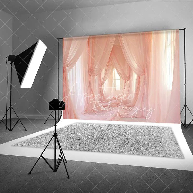 Aperturee - Aperturee Pink Tulle Curtains Maternity Photography Backdrop Soft Fabric Drapes Dreamy Room Background Elegant Pregnancy Photo