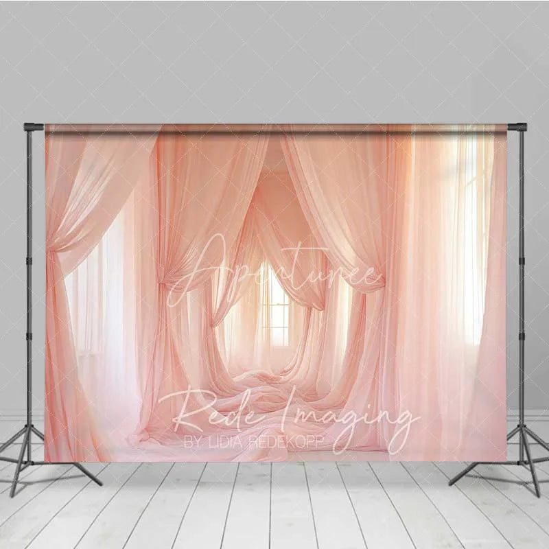 Aperturee - Aperturee Pink Tulle Curtains Maternity Photography Backdrop Soft Fabric Drapes Dreamy Room Background Elegant Pregnancy Photo