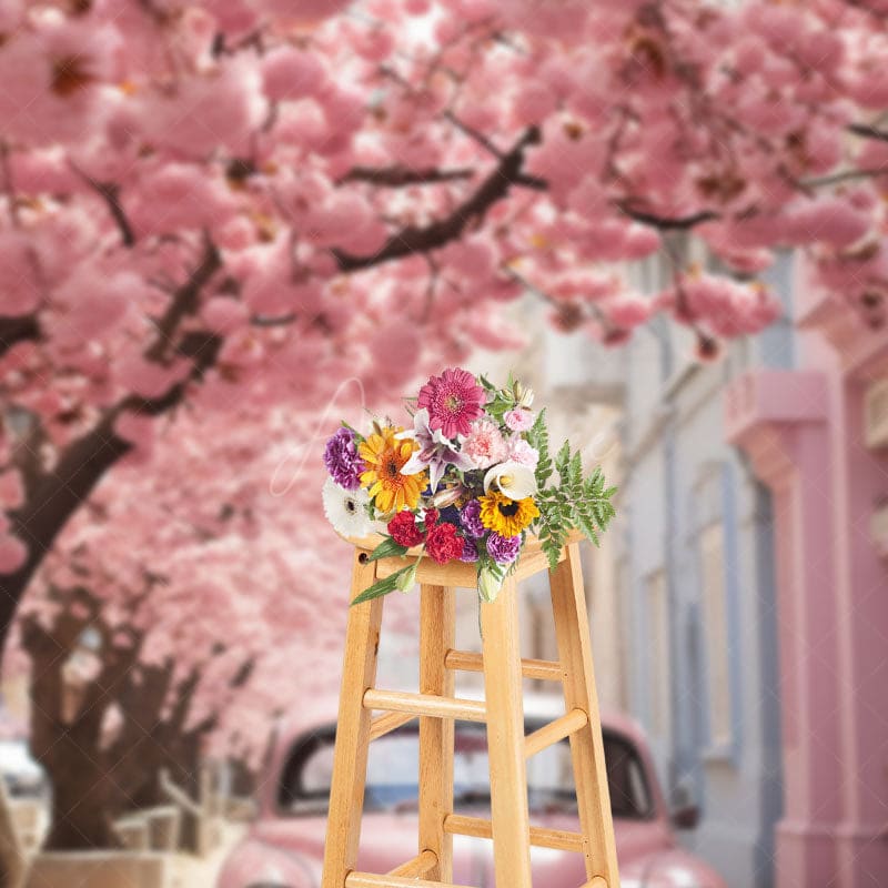 Aperturee - Aperturee Pink Vibe Floral City Road Lovely Spring Backdrop