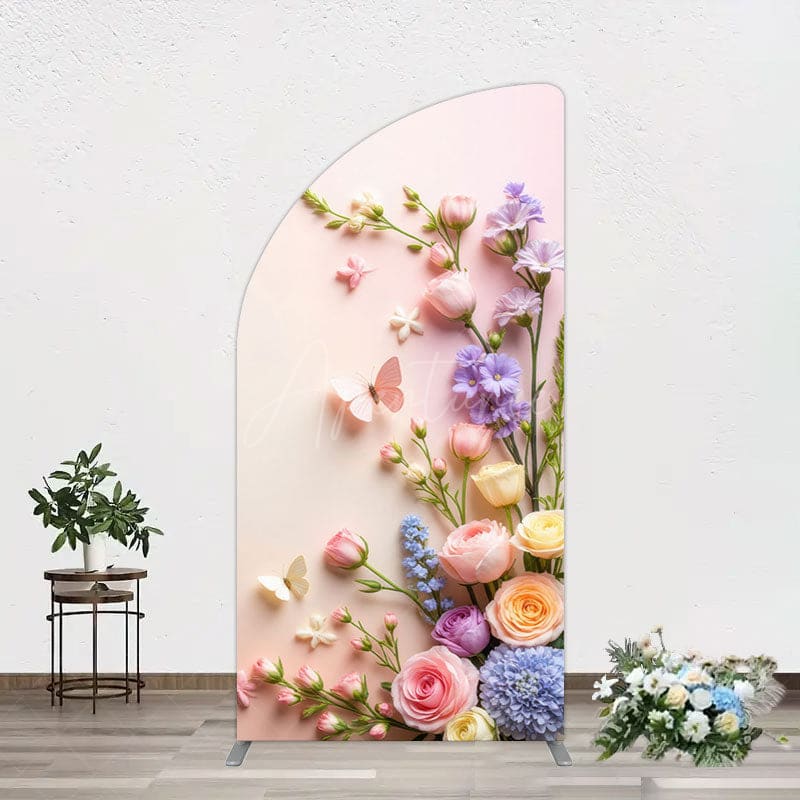 Aperturee - Aperturee Pink Wall Colorful Bouquet Birthday Half Moon Arch Backdrop
