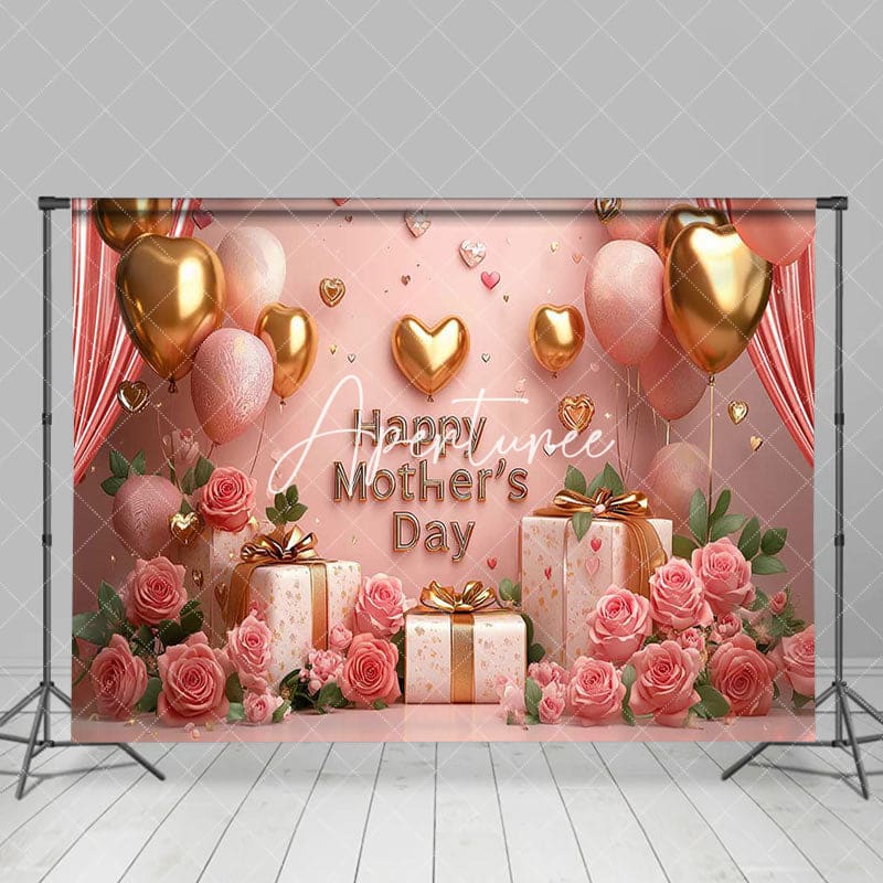 Aperturee - Aperturee Pink Wall Curtain Balloons Rose Mothers Day Backdrop