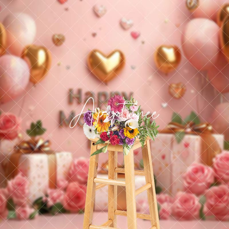 Aperturee - Aperturee Pink Wall Curtain Balloons Rose Mothers Day Backdrop