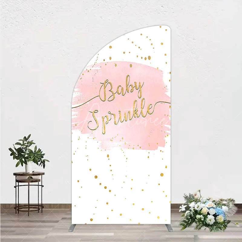 Aperturee - Aperturee Pink Watercolor Baby Sprinkle Half Moon Arch Backdrop Gold Glitter and Pastel Girl Shower Decoration