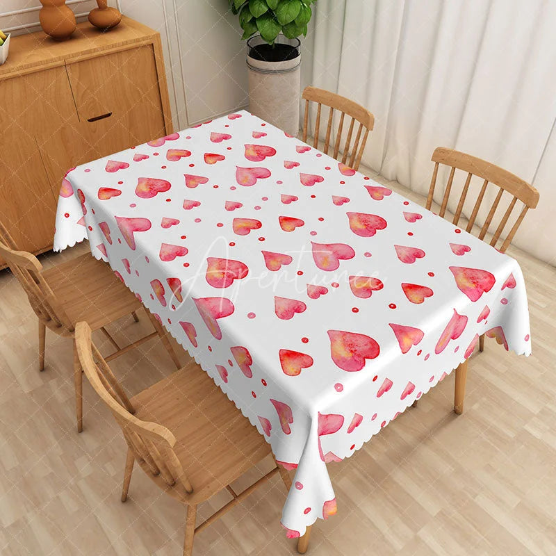 Aperturee - Aperturee Pink Watercolor Heart Rectangle Tablecloth Soft Red Love Pattern Table Cover Valentine Day Baby Shower Decor