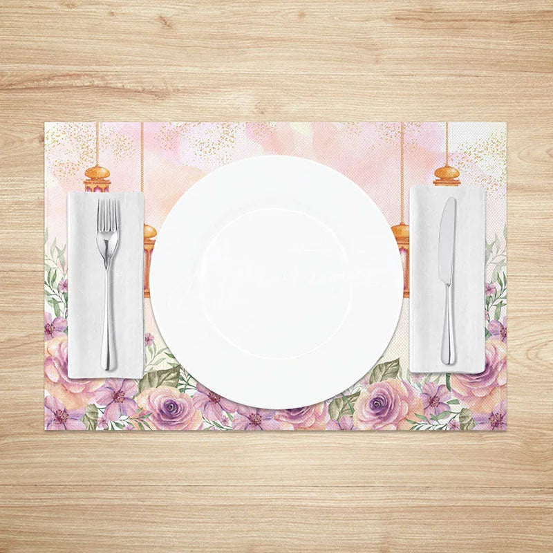 Aperturee - Aperturee Pink Watercolor Ramadan Moon Set of 4 Placemats Purple Rose Floral Eid Mubarak Table Mats for Dining Room