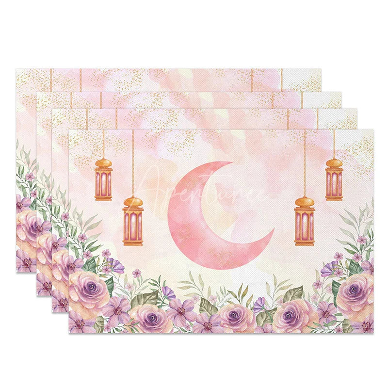 Aperturee - Aperturee Pink Watercolor Ramadan Moon Set of 4 Placemats Purple Rose Floral Eid Mubarak Table Mats for Dining Room