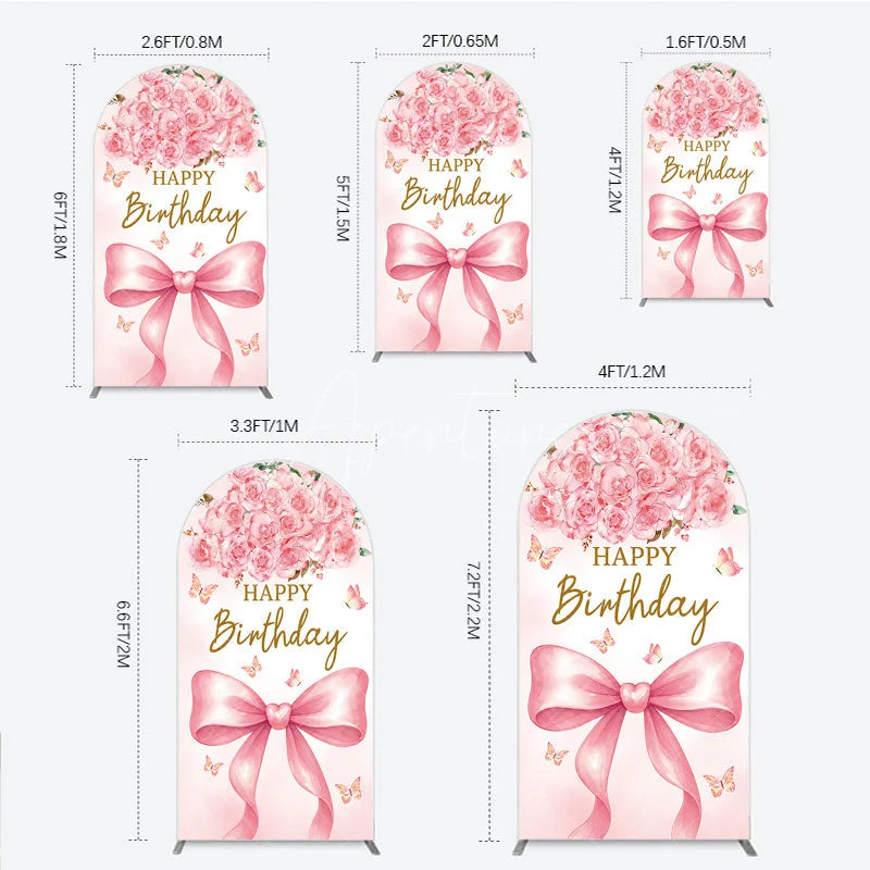 Aperturee - Aperturee Pink Watercolor Roses and Butterflies Round Top Arch Backdrop Elegant Happy Birthday Party Decor with Bow