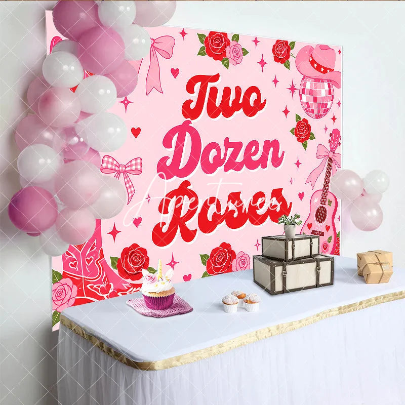 Aperturee - Aperturee Pink Western Country Two Dozen Roses Birthday Backdrop featuring Cowboy Hat Disco Ball and Guitar