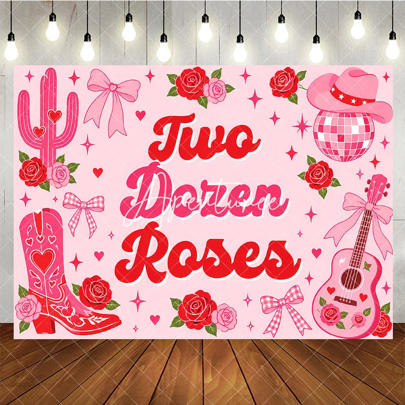 Aperturee - Aperturee Pink Western Country Two Dozen Roses Birthday Backdrop featuring Cowboy Hat Disco Ball and Guitar