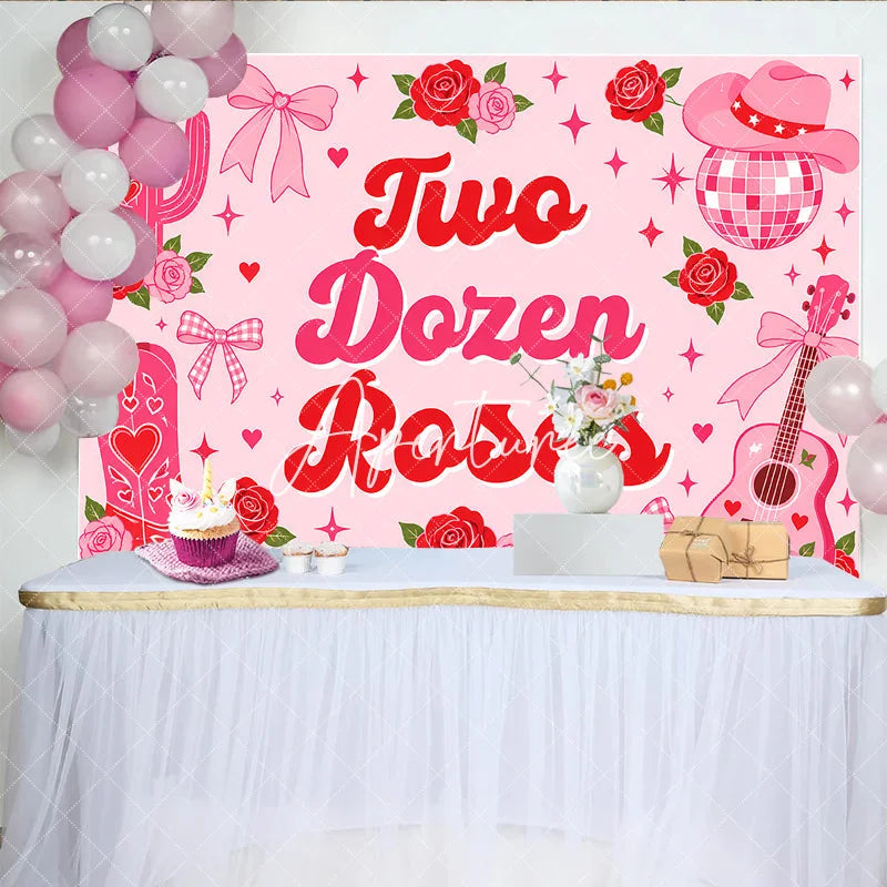 Aperturee - Aperturee Pink Western Country Two Dozen Roses Birthday Backdrop featuring Cowboy Hat Disco Ball and Guitar