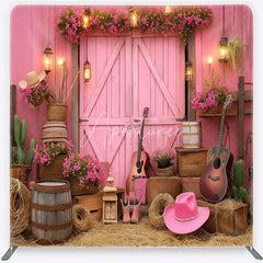 Aperturee - Aperturee Pink Western Cowboy Tension Fabric Backdrop Cowgirl Boots and Guitar Barn Door Party Decorations