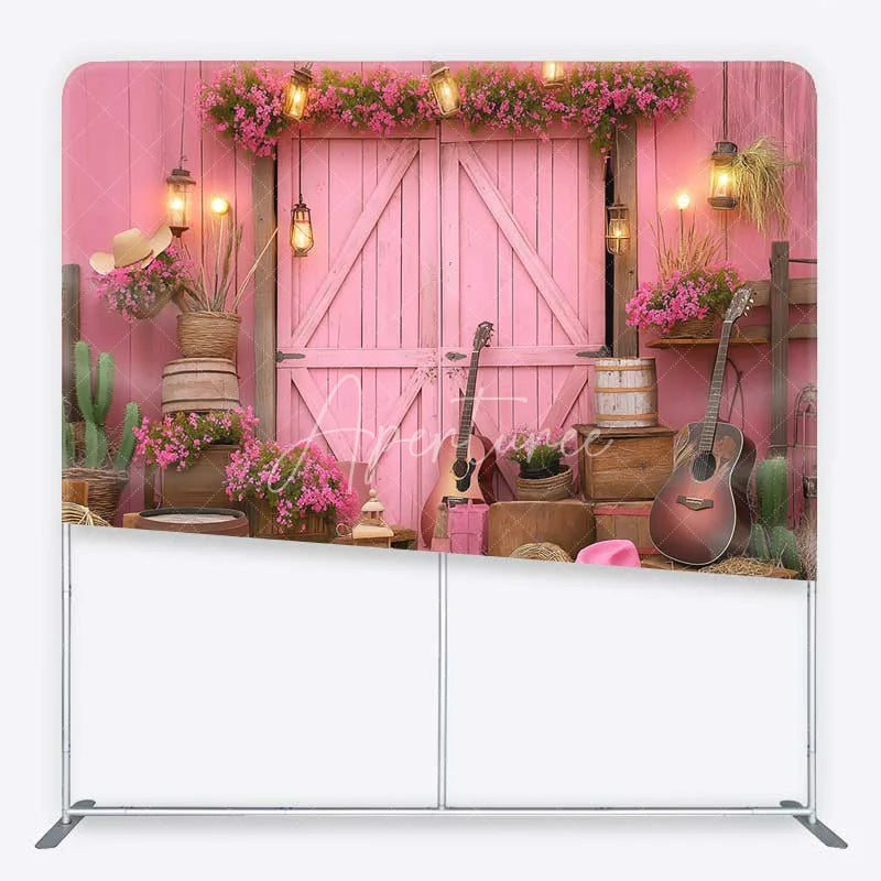 Aperturee - Aperturee Pink Western Cowboy Tension Fabric Backdrop Cowgirl Boots and Guitar Barn Door Party Decorations