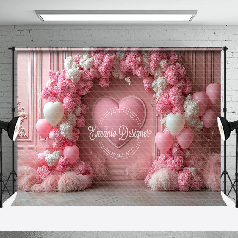 Aperturee - Aperturee Pink White Floral Balloon Valentines Day Backdrop