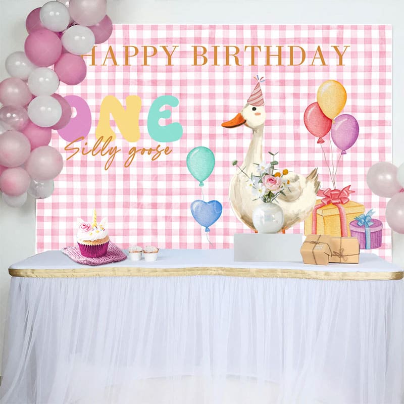 Aperturee - Aperturee Pink White Plaid One Silly Goose Birthday Backdrop
