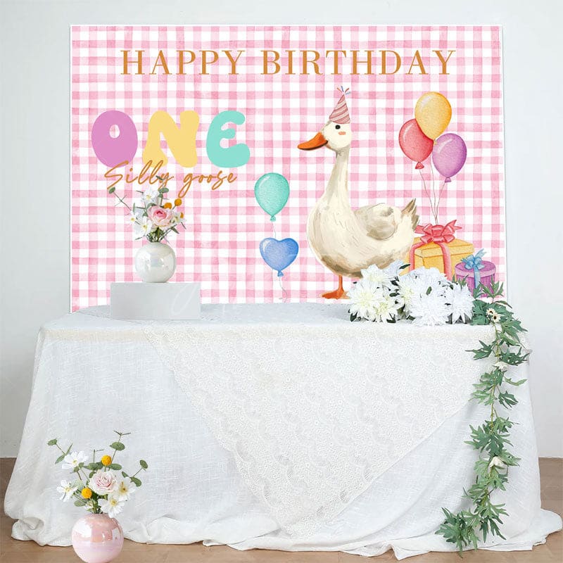 Aperturee - Aperturee Pink White Plaid One Silly Goose Birthday Backdrop