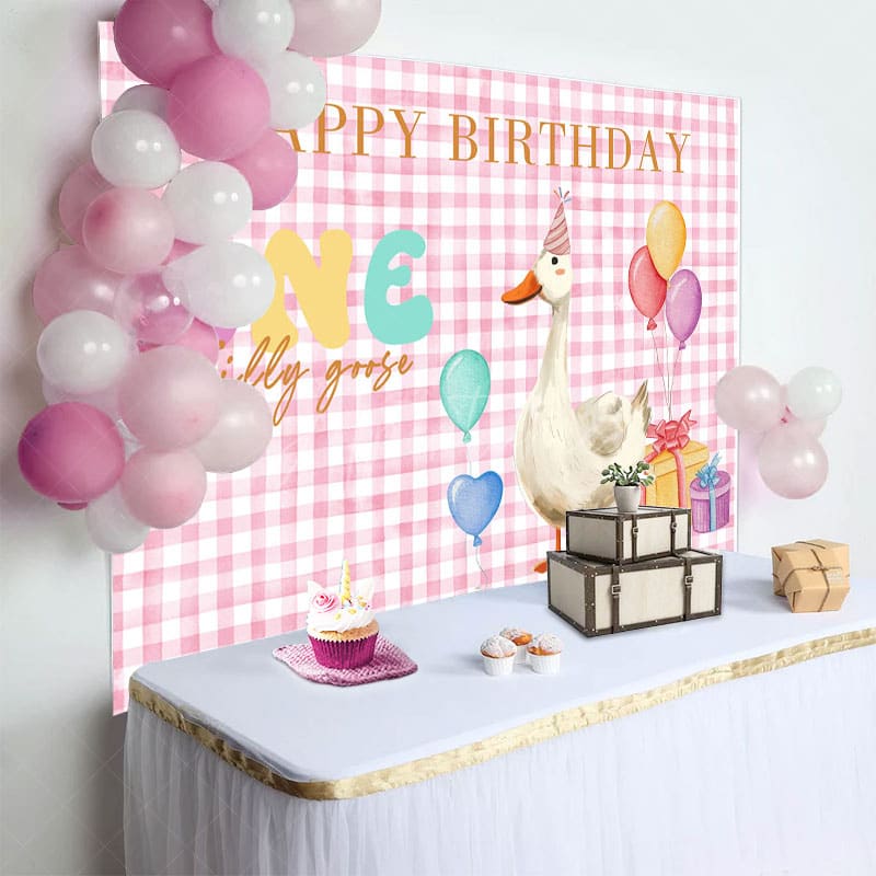 Aperturee - Aperturee Pink White Plaid One Silly Goose Birthday Backdrop