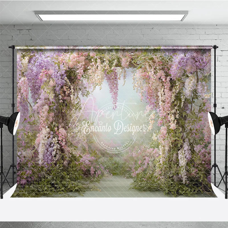 Aperturee - Aperturee Pink Wisteria Floral Archway Backdrop Enchanted Garden Path Spring Wedding Bridal Shower Photo Prop