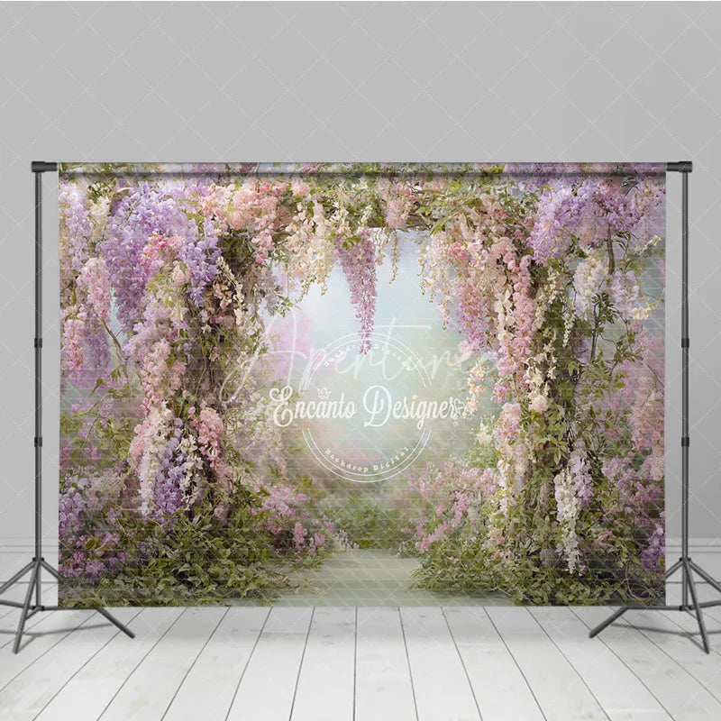 Aperturee - Aperturee Pink Wisteria Floral Archway Backdrop Enchanted Garden Path Spring Wedding Bridal Shower Photo Prop