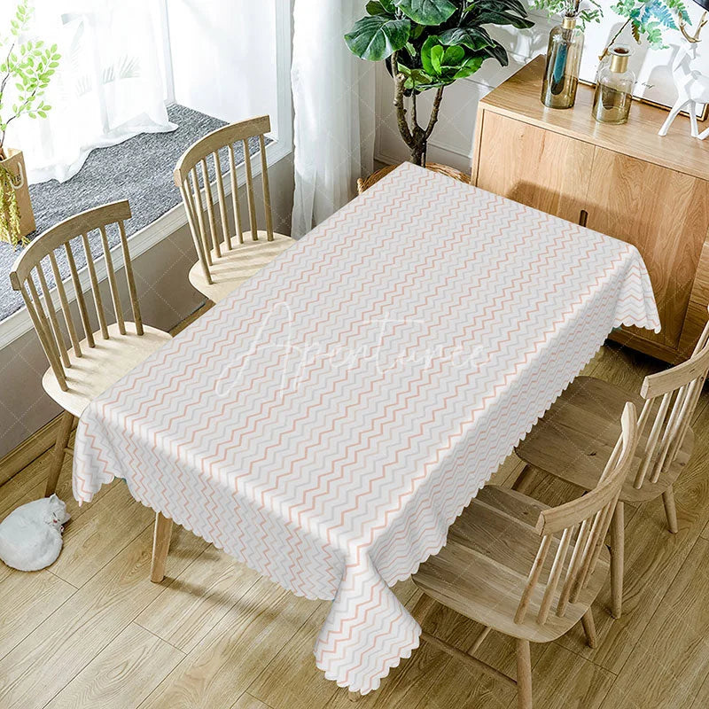Aperturee - Aperturee Pink Zigzag Chevron Rectangle Tablecloth Geometric Wave Pattern on White Modern Girls Birthday Party Dining Decor