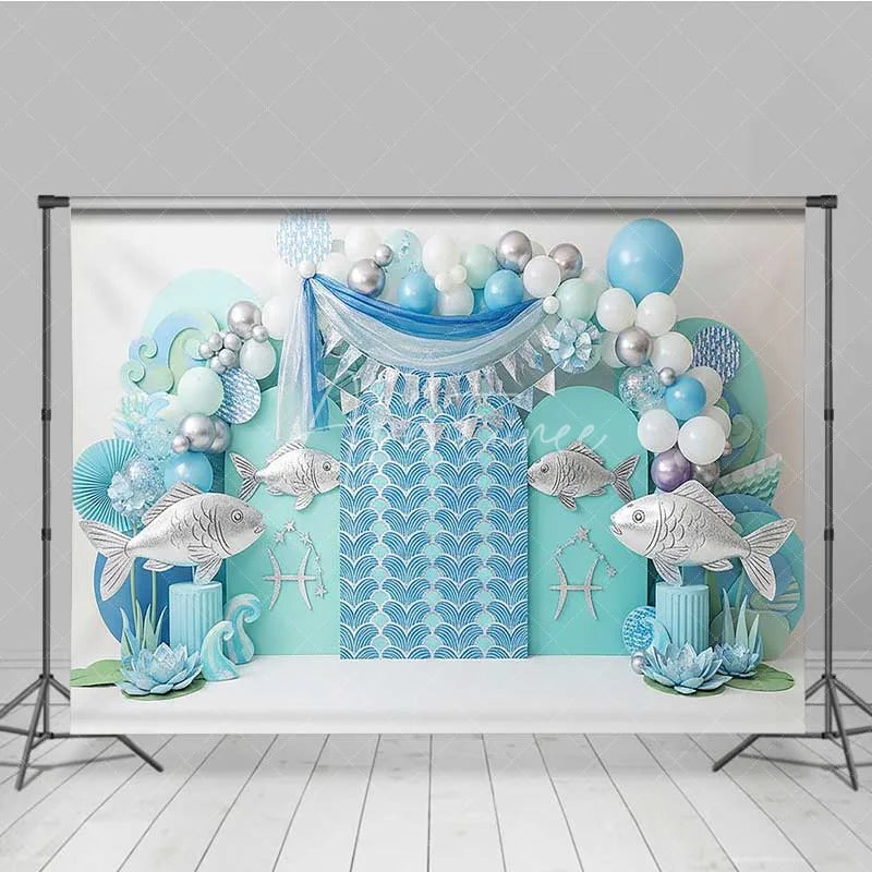 Aperturee - Aperturee Pisces Zodiac Photography Backdrop Silver Fish and Teal Wave Birthday Party Background