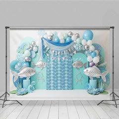 Aperturee - Aperturee Pisces Zodiac Photography Backdrop Silver Fish and Teal Wave Birthday Party Background