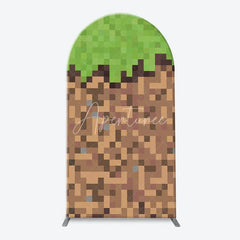 Aperturee - Aperturee Pixelated Block Style Arch Backdrop Kit with Green Grass Dirt and Wood Textures for Game Themed Parties