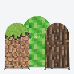 Aperturee - Aperturee Pixelated Block Style Arch Backdrop Kit with Green Grass Dirt and Wood Textures for Game Themed Parties