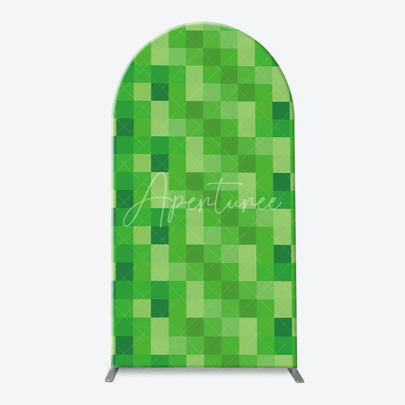 Aperturee - Aperturee Pixelated Block Style Arch Backdrop Kit with Green Grass Dirt and Wood Textures for Game Themed Parties