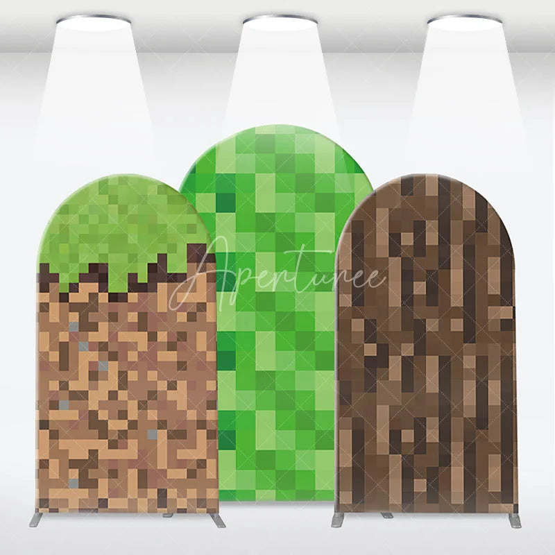 Aperturee - Aperturee Pixelated Block Style Arch Backdrop Kit with Green Grass Dirt and Wood Textures for Game Themed Parties