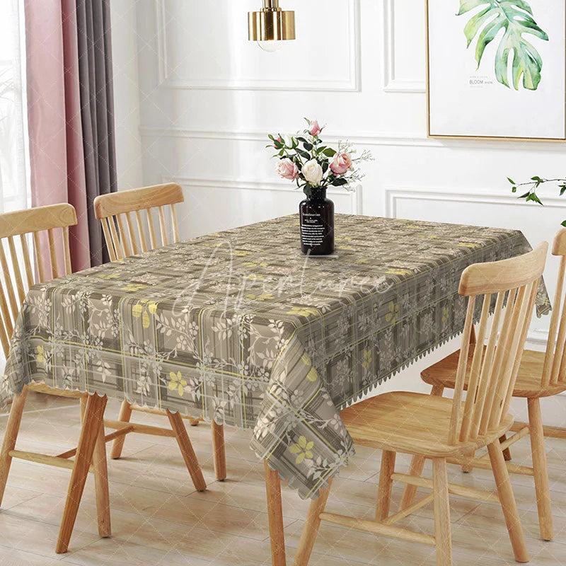 Aperturee - Aperturee Plaid Yellow Floral Rectangle Tablecloth Rustic Brown Checkered Pattern Farmhouse Country Dining Table Cover Kitchen