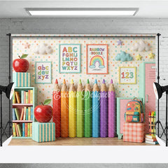 Aperturee - Aperturee Playful Classroom Photography Backdrop with Rainbow Pencils Books and Alphabet for Back to School
