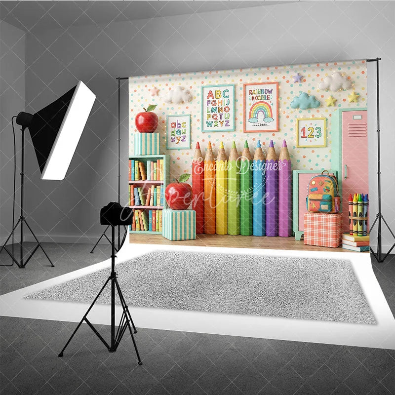 Aperturee - Aperturee Playful Classroom Photography Backdrop with Rainbow Pencils Books and Alphabet for Back to School